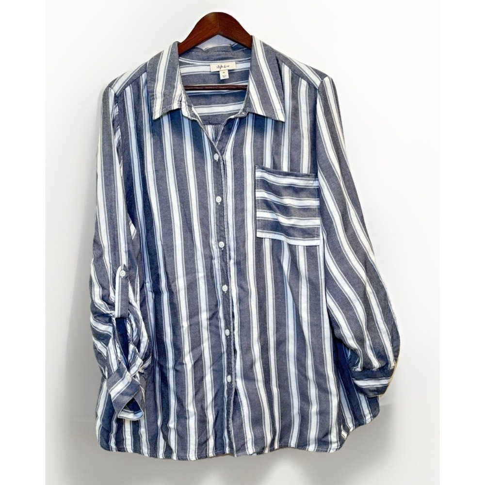 Style & Co Womens Blue White Striped Button Down Shirt Long Sleeve Casual